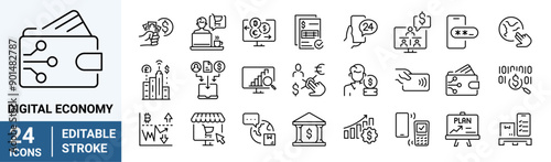 Digital Economy web line icons. Digital Transaction, Online banking, deposit, money safety, internet bank, contactless payment, online transaction, Editable stroke