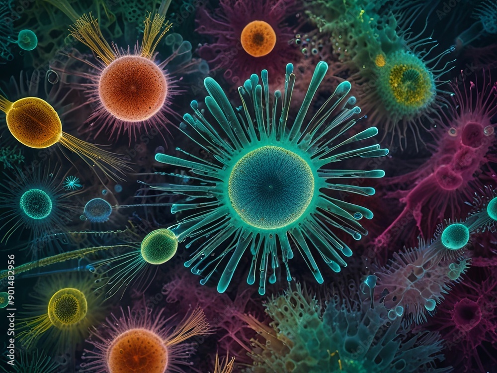 Obraz premium Microscopic Organisms in Vibrant Colors.