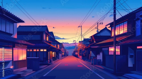 Japanese city street illustration at dawn, deserted with traditional and modern houses, sky transitioning from night to day