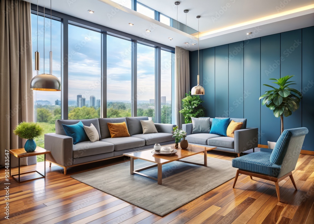 Naklejka premium Luxurious modern living room with soothing blue walls, sleek grey sofa, matching armchair, and colorful accents, surrounded by floor-to-ceiling windows and wooden flooring.