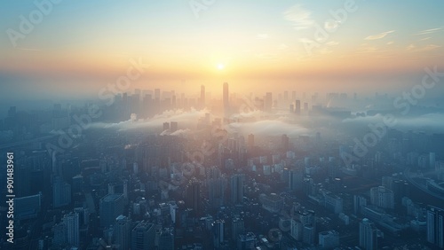 Sunrise over a misty cityscape in the morning hours