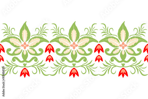 floral fabric pattern ikat style green , red , peach