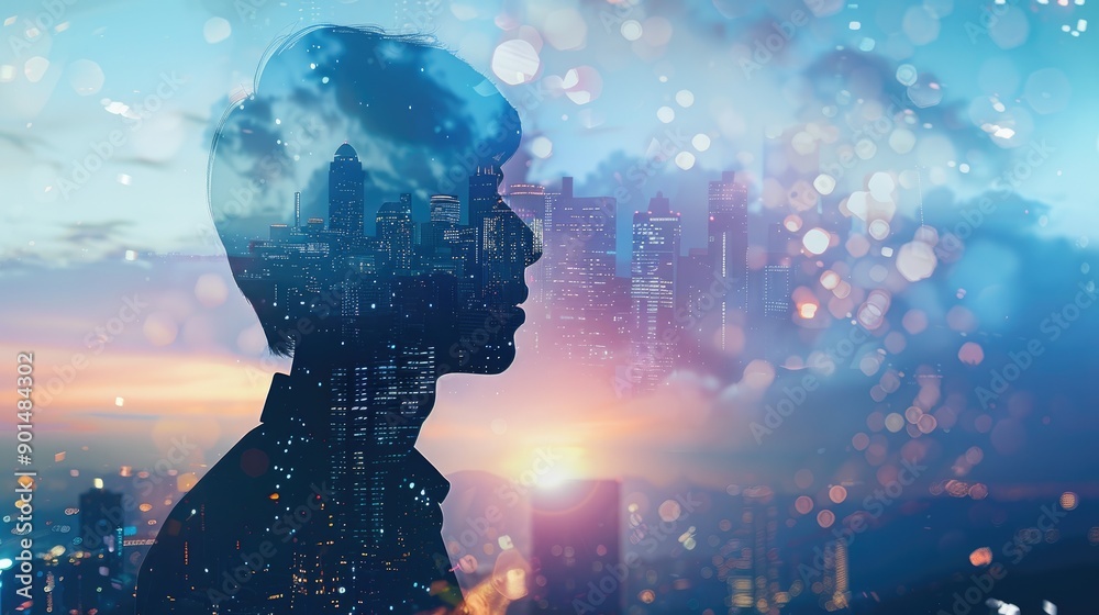 Modern business and technology concept with a businessman silhouette and cityscape double-exposure effect Modern business and technology concept with a businessman silhouette and cityscape double-exposure effect