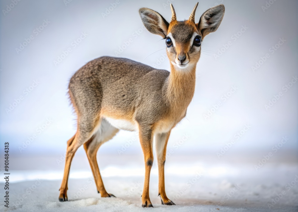 Small dik dik antelope with large eyes and tiny horns stands alone on a clean white surface, showcasing its grayish-brown fur and delicate features in detail. Small dik dik antelope with large eyes and tiny horns stands alone on a clean white surface, showcasing its grayish-brown fur and delicate features in detail.