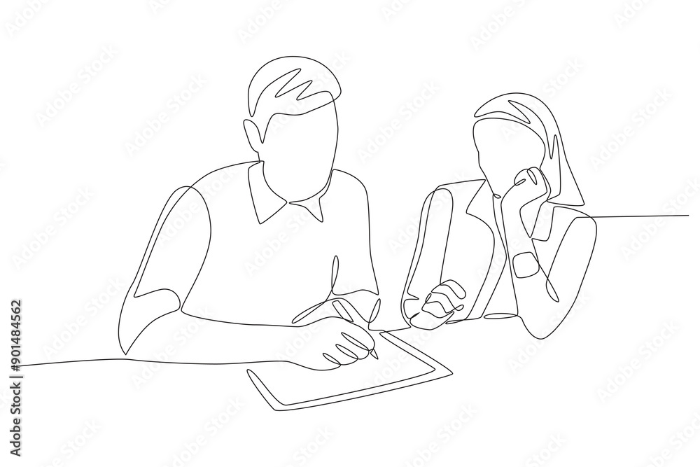 Two serious employees discussing work briefing. Business briefing concept one-line drawing Two serious employees discussing work briefing. Business briefing concept one-line drawing