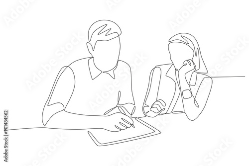 Two serious employees discussing work briefing. Business briefing concept one-line drawing
