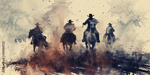 Artistic watercolor depiction of four cowboys on horseback, kicking up dust in an open field.