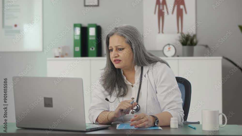 Angry Indian female senior doctor talking to patient on video call