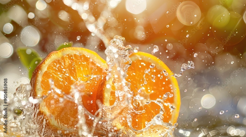 Oranges with water splashes, close-up view under bright sunlight, highlighting their vibrant color and refreshing appeal Oranges with water splashes, close-up view under bright sunlight, highlighting their vibrant color and refreshing appeal