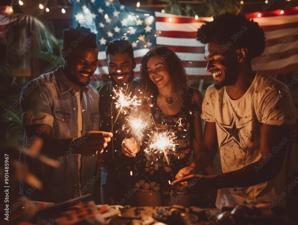 Group of friends lighting sparklers American flag draped in the background Group of friends lighting sparklers American flag draped in the background