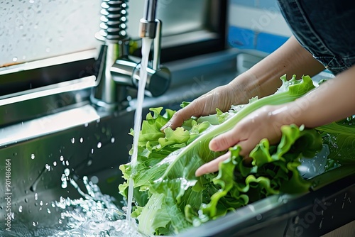 Hands Rinsing Lettuce Leaves in Kitchen Sink photo