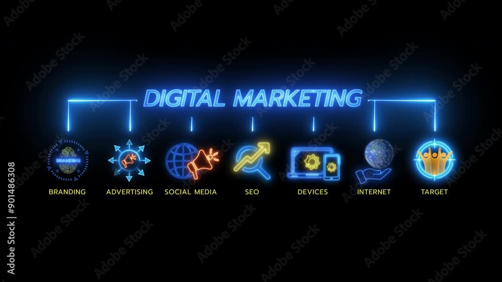 Glowing neon line banner of digital marketing concept with icons of branding, advertising, SEO, social media, devices, internet and target isolated on transparent background.