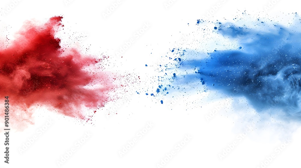 Dynamic red and blue powder explosion on white background, artistic design element Dynamic red and blue powder explosion on white background, artistic design element