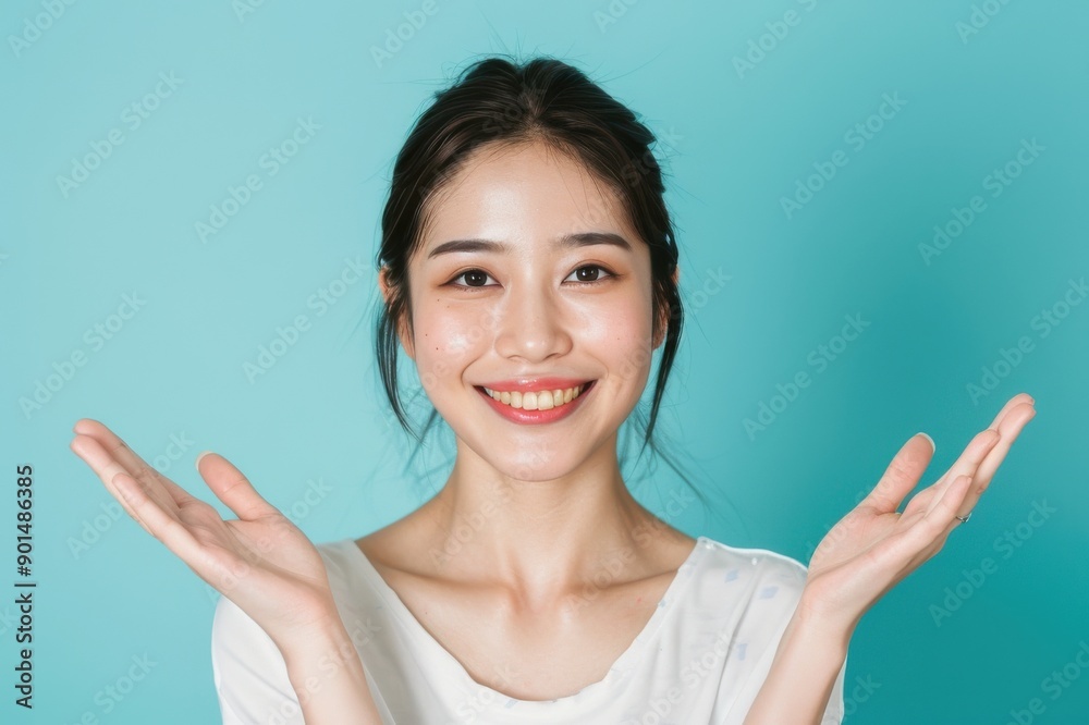 両手を広げてどっちにするかナビゲートする日本人女性(どっち・比較・おすすめ・PR・案内・メリット・デメリット) 両手を広げてどっちにするかナビゲートする日本人女性(どっち・比較・おすすめ・PR・案内・メリット・デメリット)