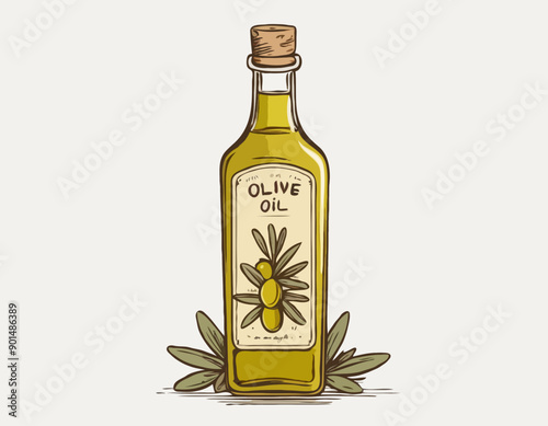 Hand-drawn olive oil bottle isolated on a white background. Extra virgin olive oil. Vintage style. Vector illustration in Doodle style