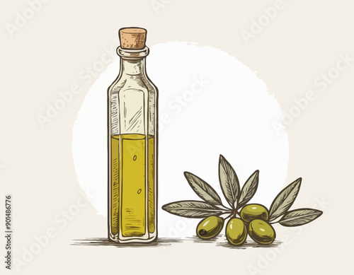 Hand-drawn olive oil bottle isolated on a white background. Extra virgin olive oil. Vintage style. Vector illustration in Doodle style