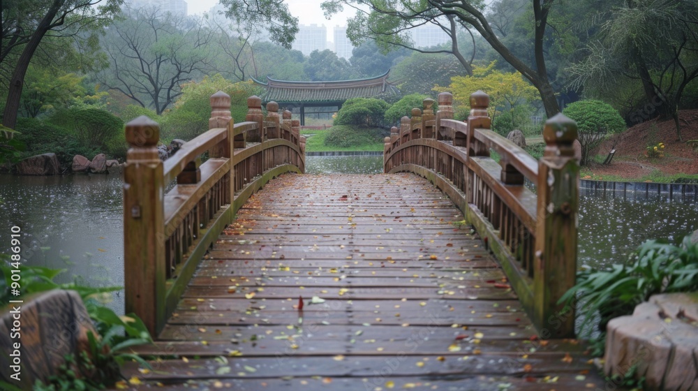 Fototapeta premium Serene Wooden Bridge in Rainy Japanese Garden