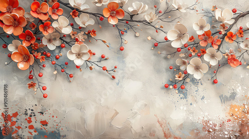 Fototapeta Naklejka Na Ścianę i Meble -  Elegant colorful with vibrant flower hanging branches illustration background. Bright color 3d abstraction wallpaper for interior mural, Generated by AI	