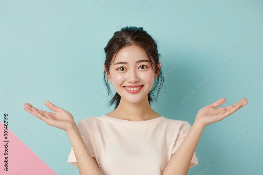両手を広げてどっちにするかナビゲートする日本人女性(どっち・比較・おすすめ・PR・案内・メリット・デメリット) 両手を広げてどっちにするかナビゲートする日本人女性(どっち・比較・おすすめ・PR・案内・メリット・デメリット)