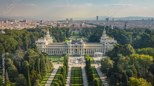 Showcase the grandeur of Madrid's royal palace and gardens from an aerial viewpoint, framed against the city's urban landscape.