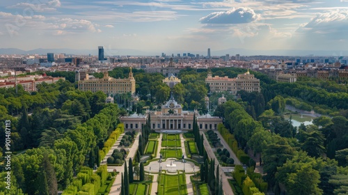Showcase the grandeur of Madrid's royal palace and gardens from an aerial viewpoint, framed against the city's urban landscape.