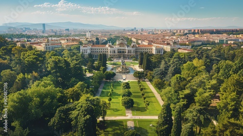 Showcase the grandeur of Madrid's royal palace and gardens from an aerial viewpoint, framed against the city's urban landscape.