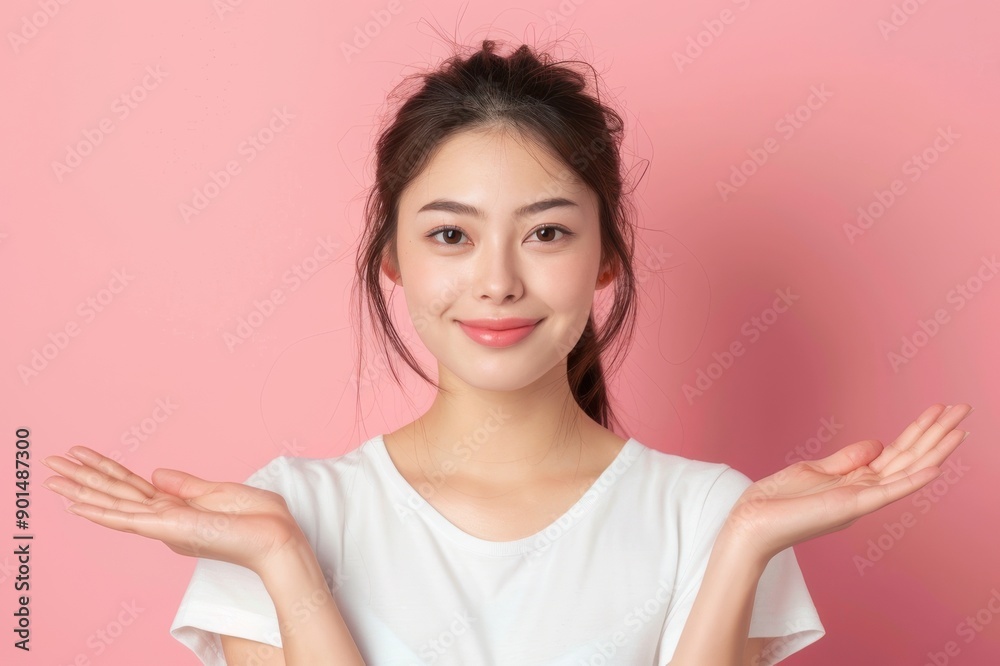 両手を広げてどっちにするかナビゲートする日本人女性（どっち・比較・おすすめ・PR・案内・メリット・デメリット）