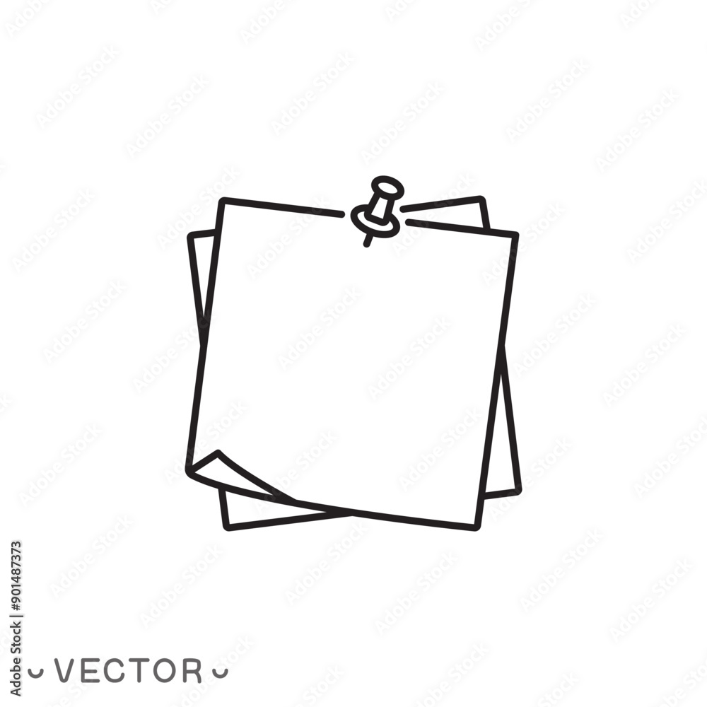 note paper with push button icon, note paper, reminder sticker pinned thin line symbol isolated on white background, editable stroke eps 10 vector illustration