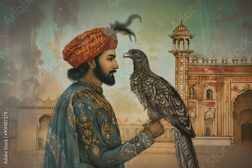 Mughal era-inspired portrait painting of a king holding an eagle on his hand.