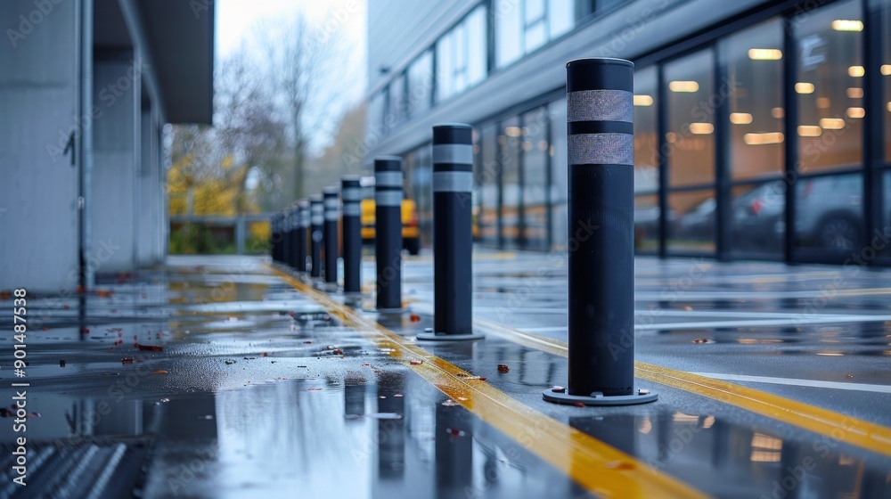 Rainy Urban Scene with Bollards and Reflections Rainy Urban Scene with Bollards and Reflections
