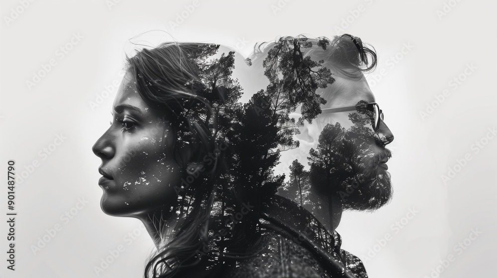 Double exposure portrait man woman duality merging two souls, balance contrast light dark Double exposure portrait man woman duality merging two souls, balance contrast light dark