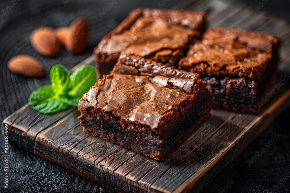 Delicious chocolate brownies topped with mint and almonds on a wooden board. Delicious chocolate brownies topped with mint and almonds on a wooden board.
