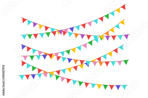 Hanging colorful garlands. Carnival party triangle flags for kids. Vector illustration isolated on white background