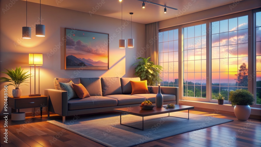 Fototapeta premium Softly lit, minimalist living room at dusk with warm colors, comfy couch, and subtle animations, ideal for virtual stream backgrounds and vtuber assets.
