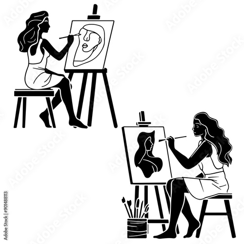 A young woman sitting in front of an easel with a brush in her hand and painting a portrait of a woman. Vector black doodle icons vector illustration in flat art style