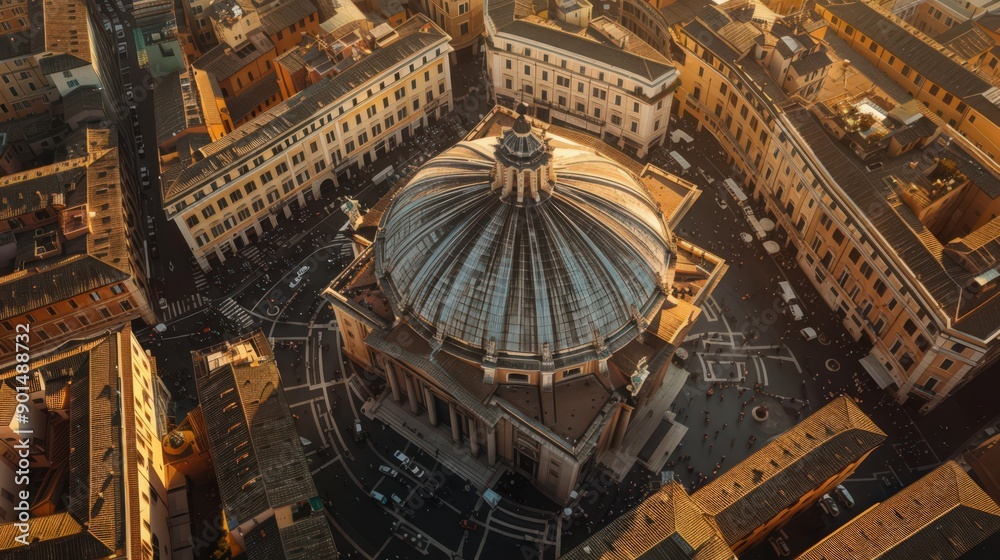 Showcase the Pantheon in Rome, its ancient rotunda and iconic dome standing out in an aerial photograph amidst the bustling city streets Showcase the Pantheon in Rome, its ancient rotunda and iconic dome standing out in an aerial photograph amidst the bustling city streets