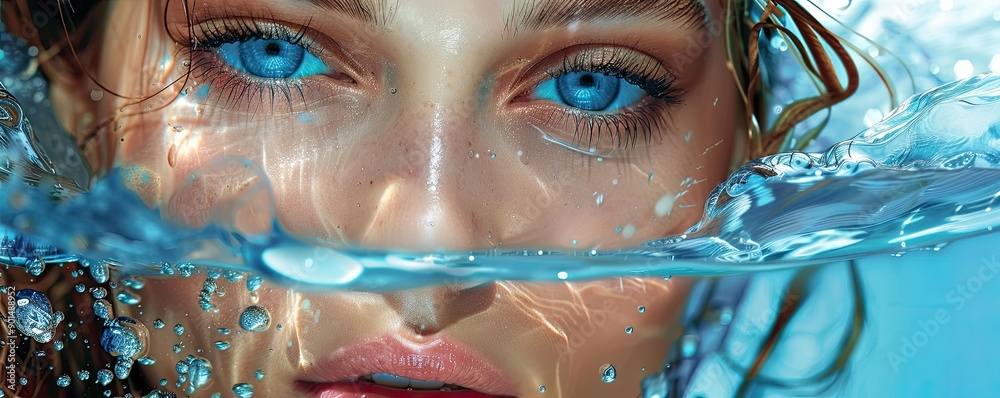 Close-Up of Woman's Face Underwater with Blue Eyes Close-Up of Woman's Face Underwater with Blue Eyes
