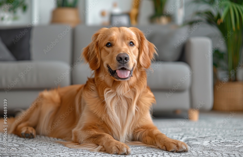 joyful Golden Retriever dog sits on the carpet in a stylish, contemporary living room joyful Golden Retriever dog sits on the carpet in a stylish, contemporary living room