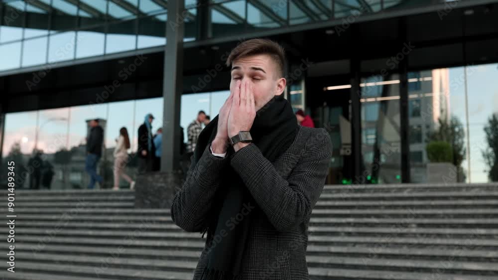 Flu Misery Young Man Sneezes and Coughs, Grappling with Seasonal Illness Outdoors Flu Misery Young Man Sneezes and Coughs, Grappling with Seasonal Illness Outdoors