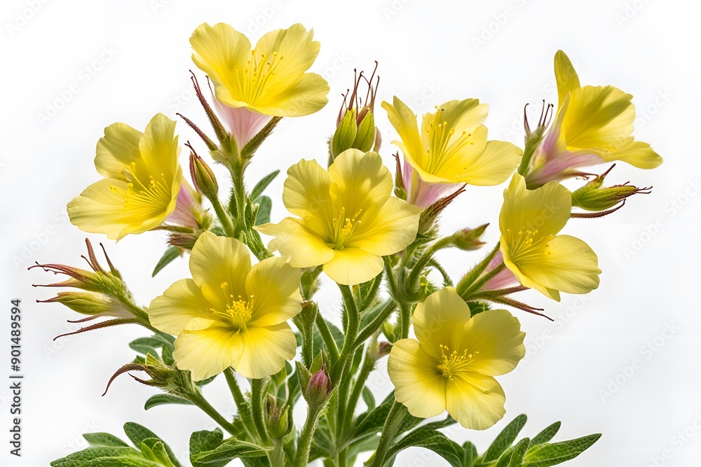 Fototapeta premium Common evening primrose flowers on white background, Ai generated