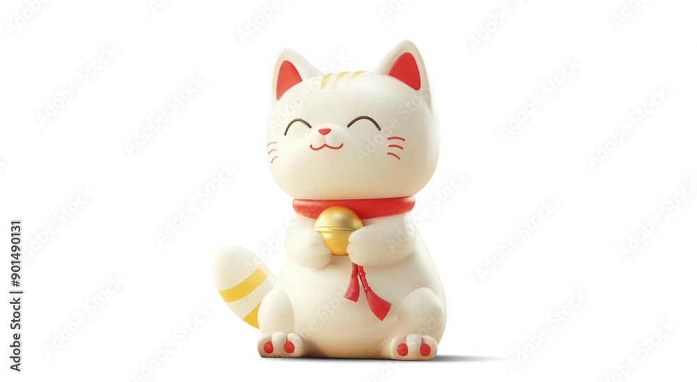 A cute 3D illustration of a white Maneki-neko (lucky cat) with a smiling face, holding a golden bell and wearing a red collar. Traditional Japanese figurine symbolizing good luck and fortune.
