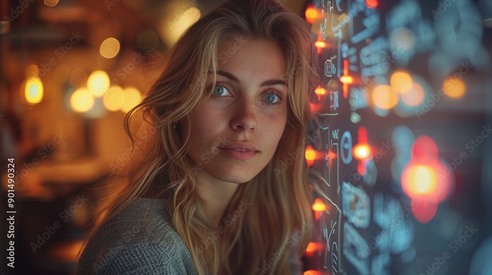 Woman with Digital Face Mapping in Tech Setting. Close-up of a woman with digital face mapping, highlighting advanced technology in a high-tech setting. Woman with Digital Face Mapping in Tech Setting. Close-up of a woman with digital face mapping, highlighting advanced technology in a high-tech setting.