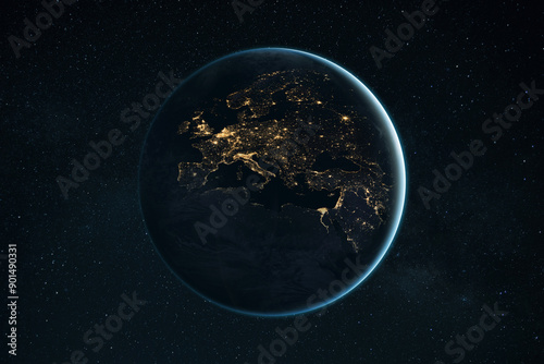 Fototapeta Naklejka Na Ścianę i Meble -  Beautiful night planet Earth with European countries: Italy, Germany, Poland, England, Belgium, Turkey, Moscow. Business and communication, concept. Amazing space and blue planet