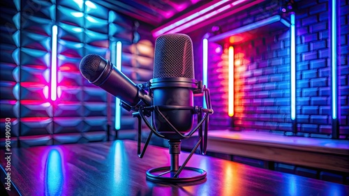 Empty podcast studio interior with no people inside. Media broadcasting and communication room with equipment, neon lighting. Closeup black microphone for sound or audio device