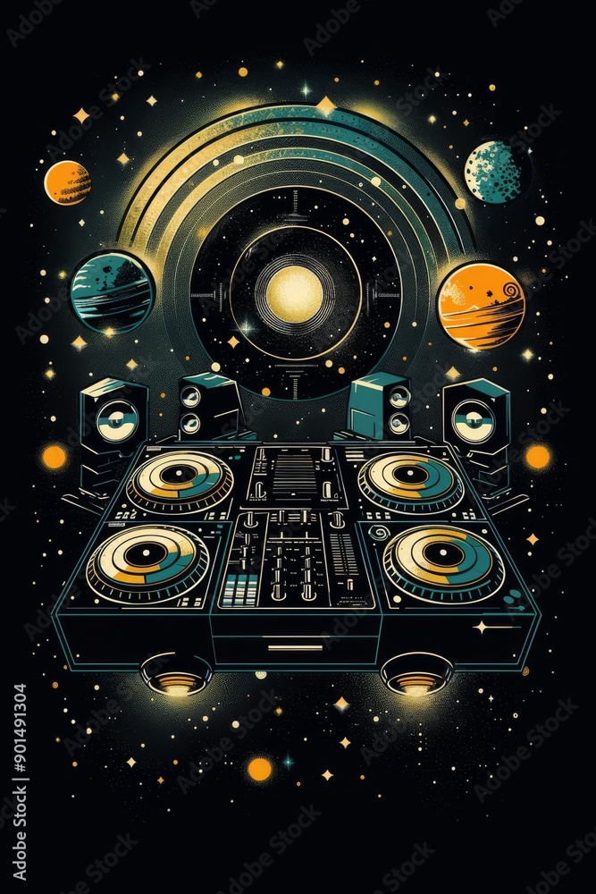 Obraz premium Cosmic DJ Setup with Planetary Background