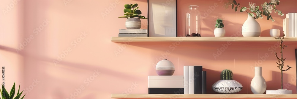 A shelf is beautifully arranged with books, vases, and photo frames, enhancing the aesthetic of the room with a soft pastel backdrop. Generative AI A shelf is beautifully arranged with books, vases, and photo frames, enhancing the aesthetic of the room with a soft pastel backdrop. Generative AI