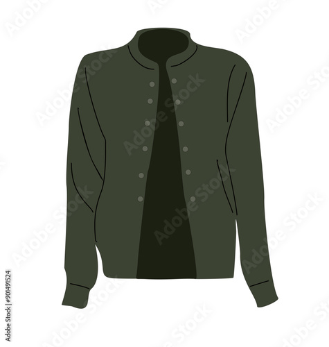 Green jacket with buttons. Modern fashion open leather blazer. Trendy casual clothes. Stylish wearing. Flat vector illustration of female garment isolated on transparent background. © Creative_Juice_Art