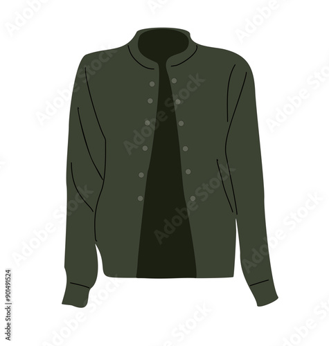 Green jacket with buttons. Modern fashion open leather blazer. Trendy casual clothes. Stylish wearing. Flat vector illustration of female garment isolated on transparent background.