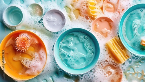 Colorful Soapy Dishes and Cups photo