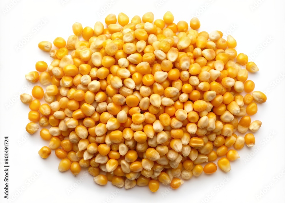 Isolated corn seeds scattered on a clean white background, highlighting their natural golden color, textures, and intricate patterns, perfect for agriculture or food concepts. Isolated corn seeds scattered on a clean white background, highlighting their natural golden color, textures, and intricate patterns, perfect for agriculture or food concepts.